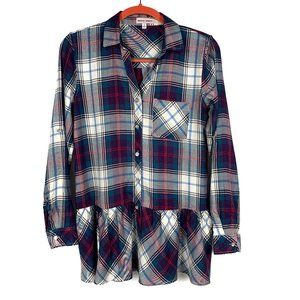 Sequin Hearts Plaid Navy, Red, Gray and Turquoise Plaid Top - Size S